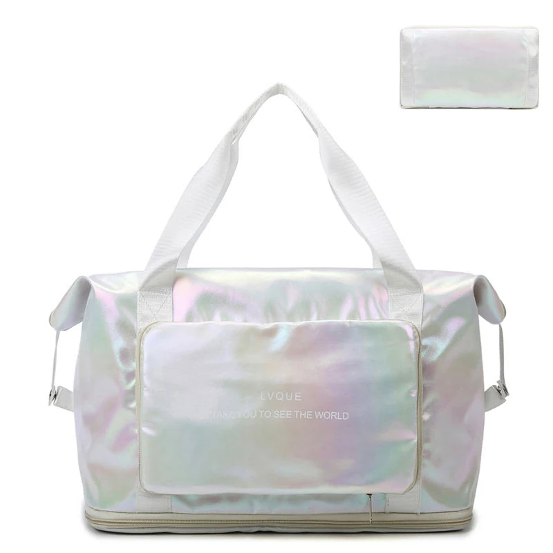 Foldable Nylon Travel Duffel with Laser Finish & Side Pocket White color SKU reference