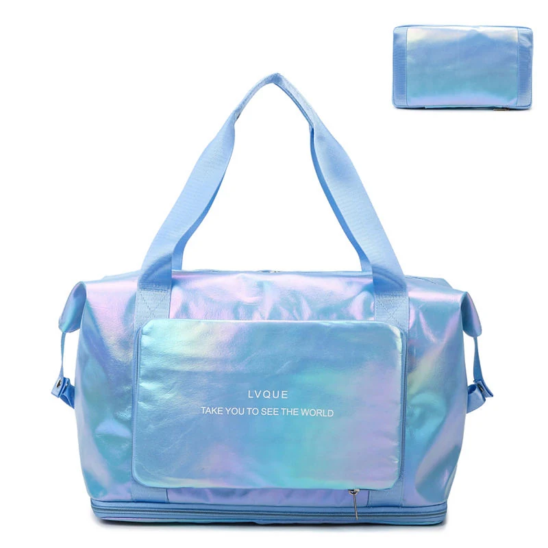 Foldable Nylon Travel Duffel with Laser Finish & Side Pocket Light Blue color SKU reference