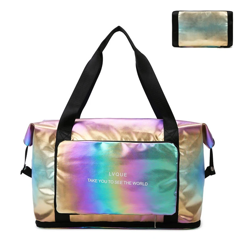 Foldable Nylon Travel Duffel with Laser Finish & Side Pocket Black color SKU reference