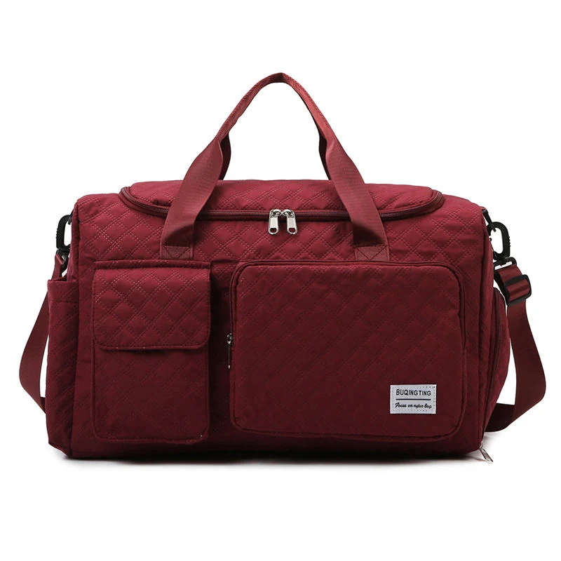 Quilted Travel Duffel with Shoe Compartment and Luggage Sleeve Claret color SKU reference
