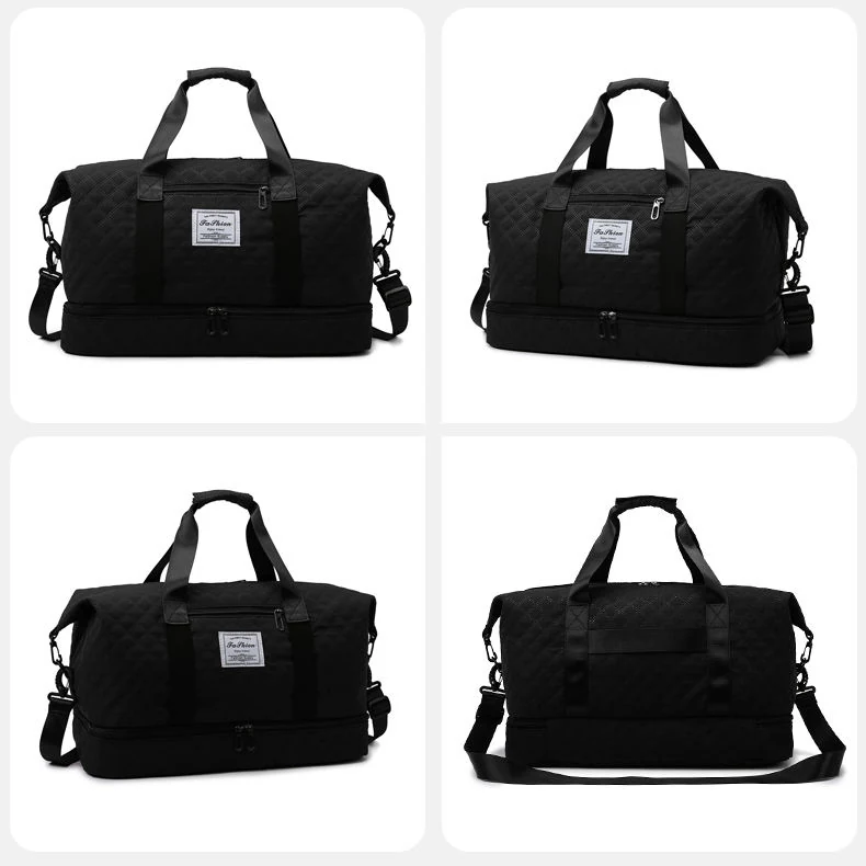 Quilted Weekender Duffel with Shoe Compartment Black color SKU reference