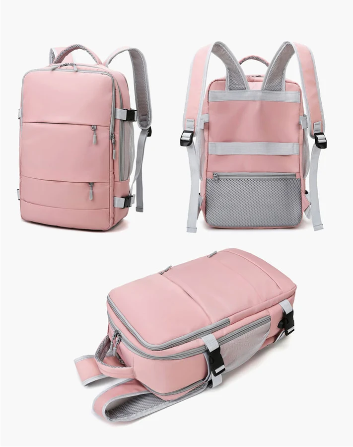 Nylon Travel Backpack with USB Port and Shoe Compartment Pink 2 color SKU reference