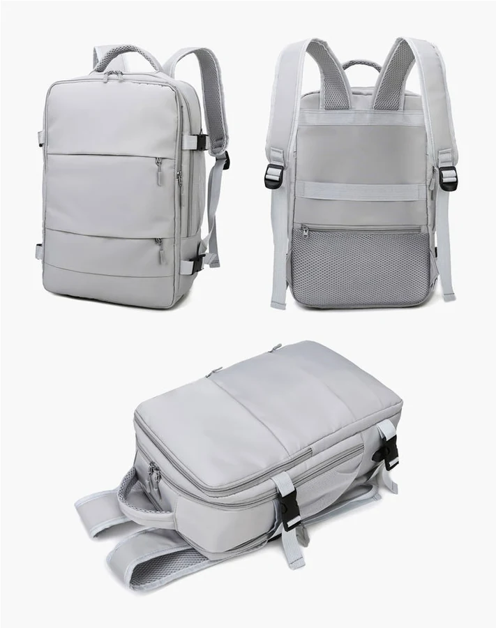 Nylon Travel Backpack with USB Port and Shoe Compartment Khaki color SKU reference