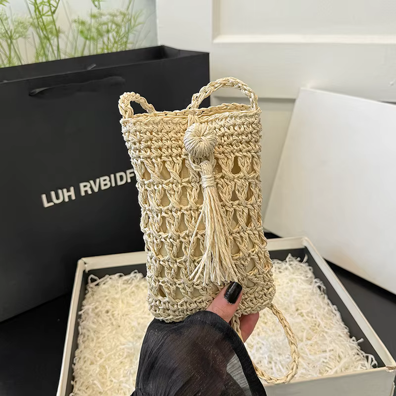 Woven Straw Mini Crossbody Bag with Fringe Tassel Beige color SKU reference