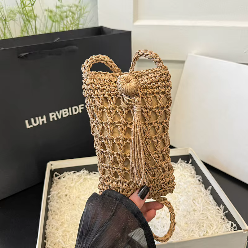 Woven Straw Mini Crossbody Bag with Fringe Tassel Brown color SKU reference