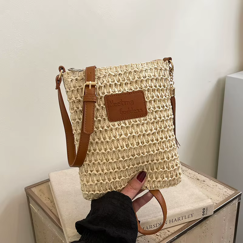 Two-Color Woven Straw Crossbody Bag with Tassel Beige color SKU reference