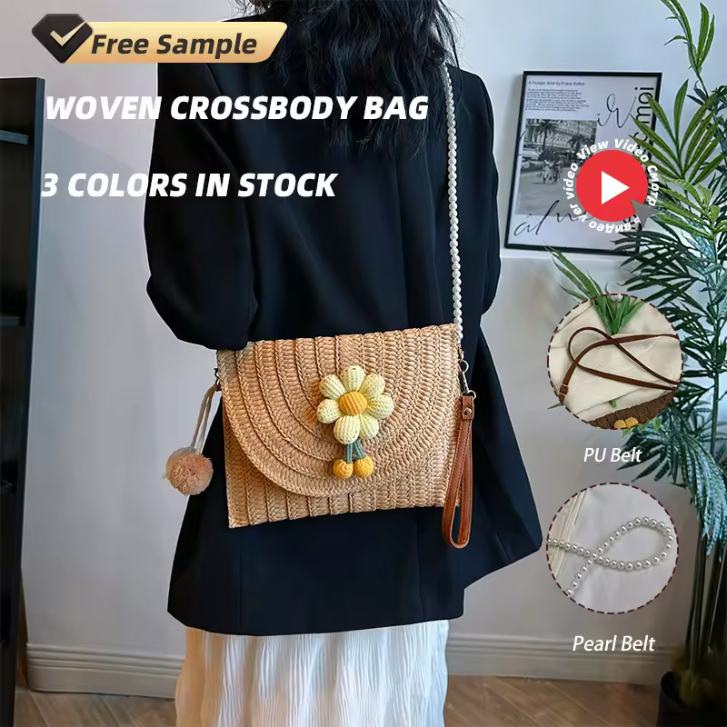 Flower-Decorated Woven Summer Crossbody Bag product reference image