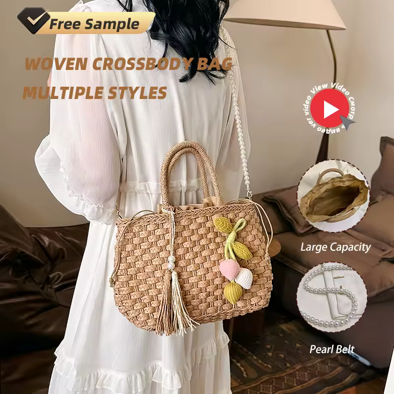 Straw Bucket Bag with Detachable Pearl Strap & Flower Tassel product reference image