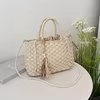 Straw Bucket Bag with Detachable Pearl Strap & Flower Tassel Beige / style 1 color SKU reference