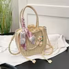 Drawstring Straw Bucket Bag with Detachable Pearl Chain Beige / style 2 color SKU reference