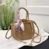 Drawstring Straw Bucket Bag with Detachable Pearl Chain Khaki / style 1 color SKU reference