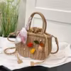 Drawstring Straw Bucket Bag with Detachable Pearl Chain Khaki / style 3 color SKU reference