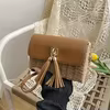 Square Woven Straw Crossbody with Chain Detail & Tassel Khaki color SKU reference