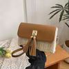 Square Woven Straw Crossbody with Chain Detail & Tassel Beige color SKU reference