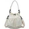 Multi-Pocket Nylon Bucket Shoulder Bag with Detachable Strap White color SKU reference