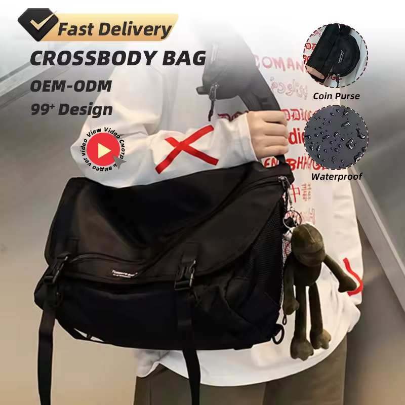 Black Nylon Messenger Crossbody Bag with Coin Pouch product reference image