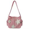 Corduroy-Style Shoulder Tote with Star Pendant and Side Pocket Pink color SKU reference