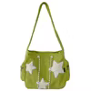 Corduroy-Style Shoulder Tote with Star Pendant and Side Pocket Green color SKU reference