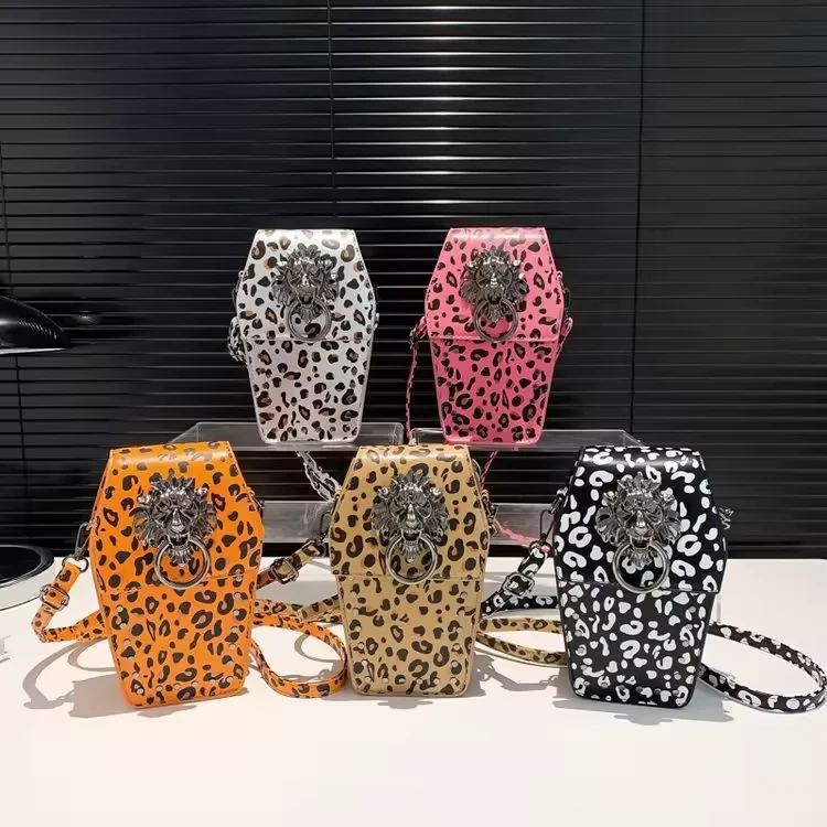 Phone-Style PU Crossbody Bag with Leopard Print & Lion-Head Accent product reference image