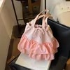 Embroidered Canvas Tote with Tulle Pleats and Drawstring Closure Pink color SKU reference