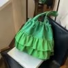 Embroidered Canvas Tote with Tulle Pleats and Drawstring Closure Green color SKU reference