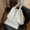 Embroidered Canvas Tote with Tulle Pleats and Drawstring Closure White color SKU reference