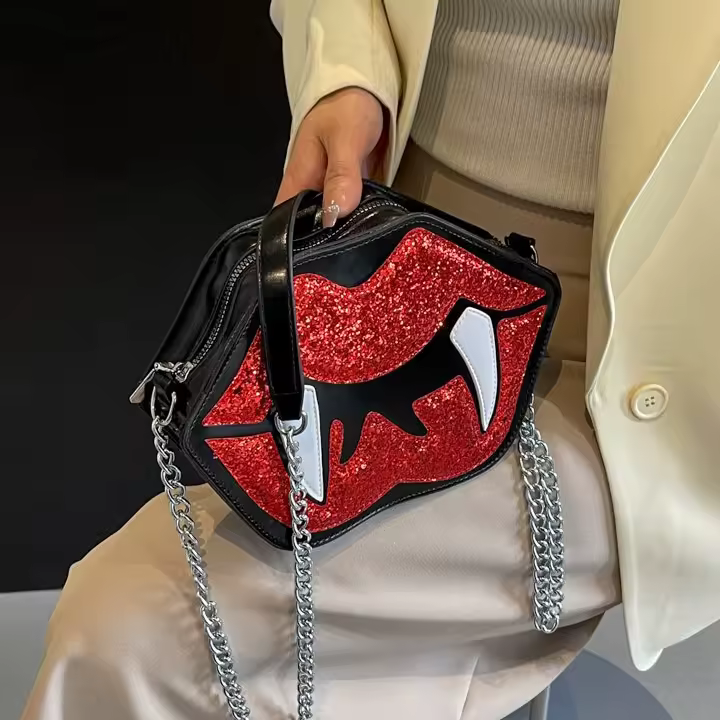PU Crossbody Bag with Red Sequin Lips Detail product reference image