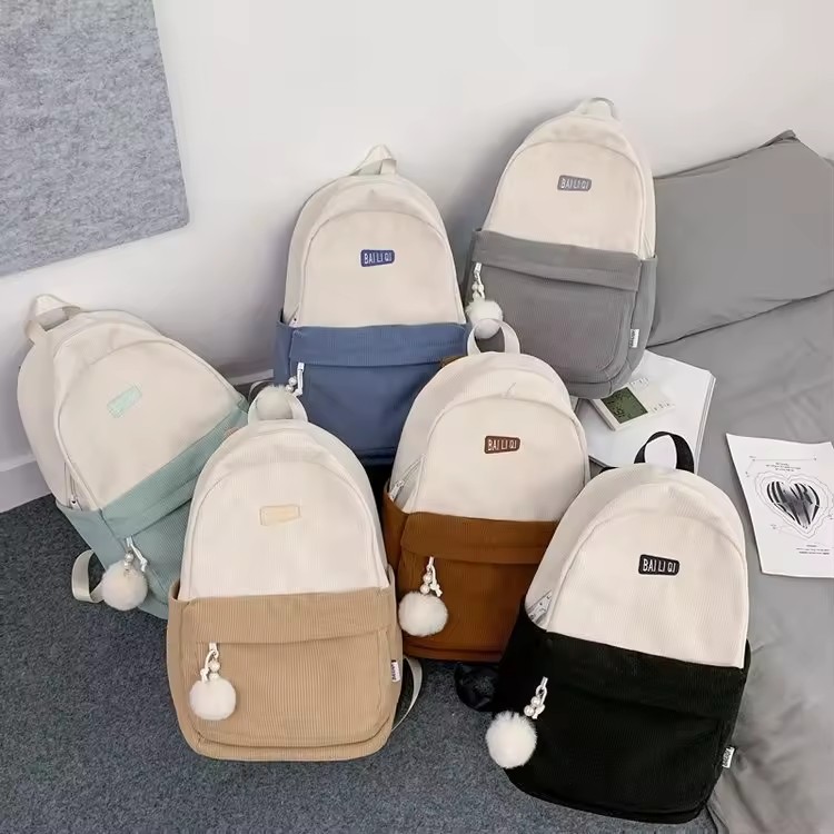 Color-Block Corduroy Backpack with Laptop Insert Pocket product reference image