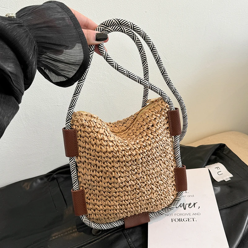 Woven Straw Crossbody Bag with Braided Rope Strap khaki color SKU reference