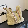 Hollow-Woven Straw Beach Tote with Contrast Strap Beige color SKU reference
