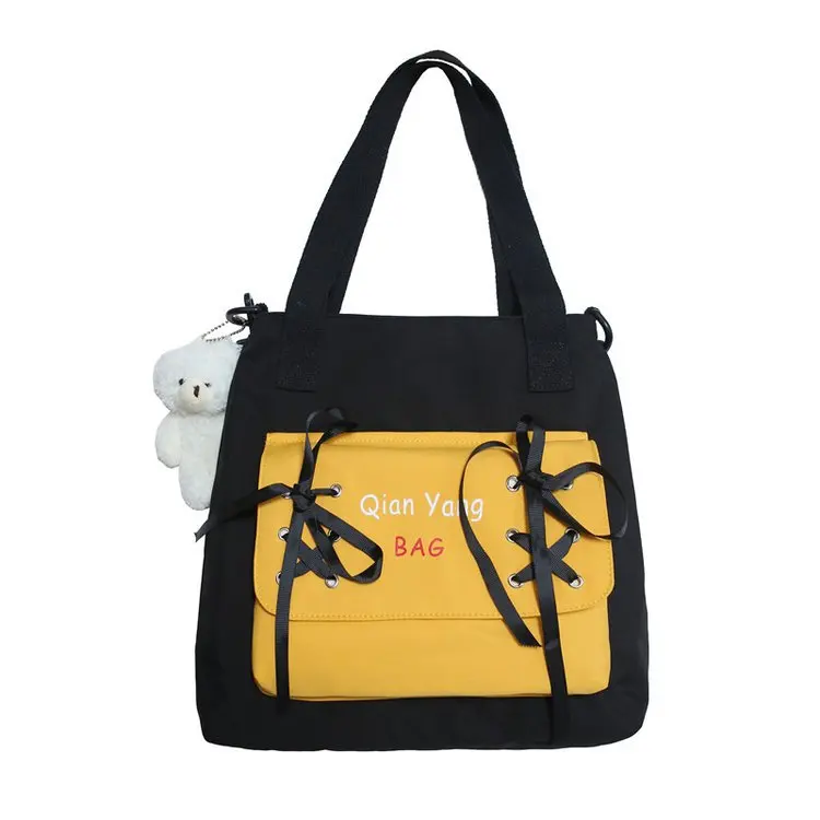 Two-Tone Canvas Tote Bag with Bow-Detail Pocket Black color SKU reference