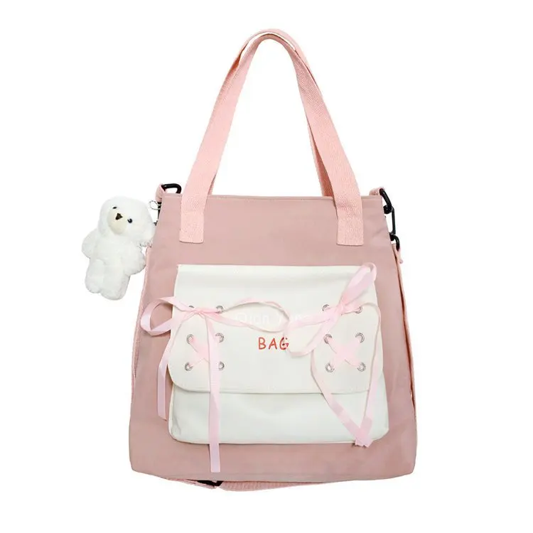 Two-Tone Canvas Tote Bag with Bow-Detail Pocket Burgundy color SKU reference