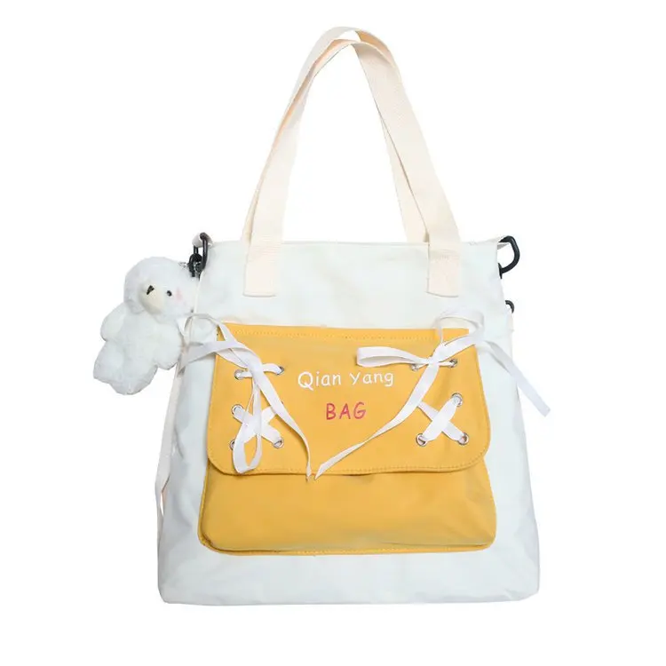 Two-Tone Canvas Tote Bag with Bow-Detail Pocket White color SKU reference