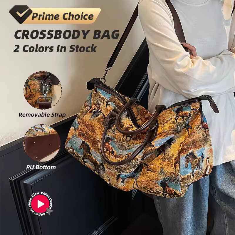 Horse-Pattern Canvas Travel Tote with Double Zippers product reference image