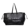 44 L Letter-Print PU Tote with Drawstring Opening Black color SKU reference