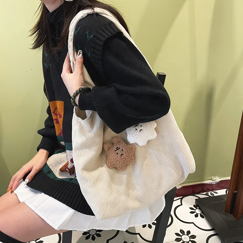 Corduroy-Style Tote Bag with Bear Detail product reference image