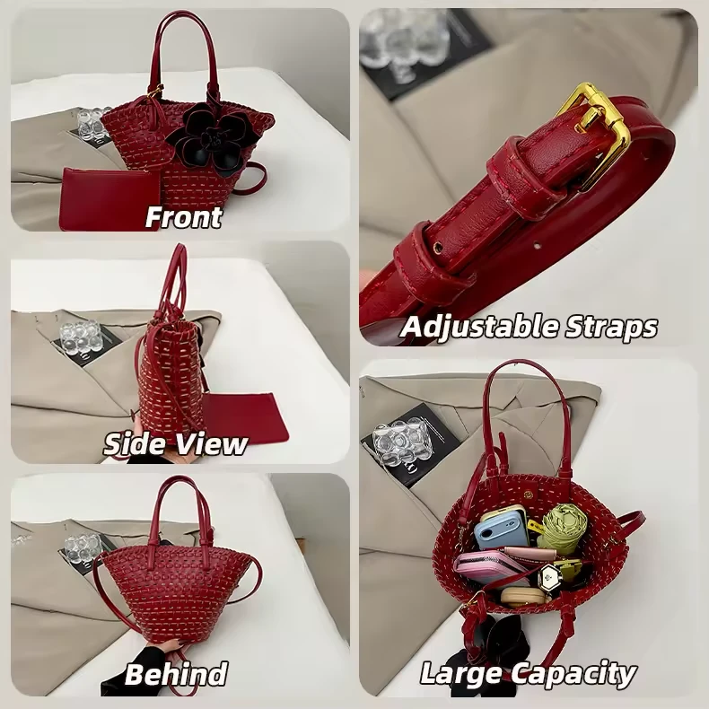 Openwork Floral PU Tote Bag with Adjustable Strap & Wallet product reference image