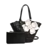 Openwork Floral PU Tote Bag with Adjustable Strap & Wallet Black color SKU reference