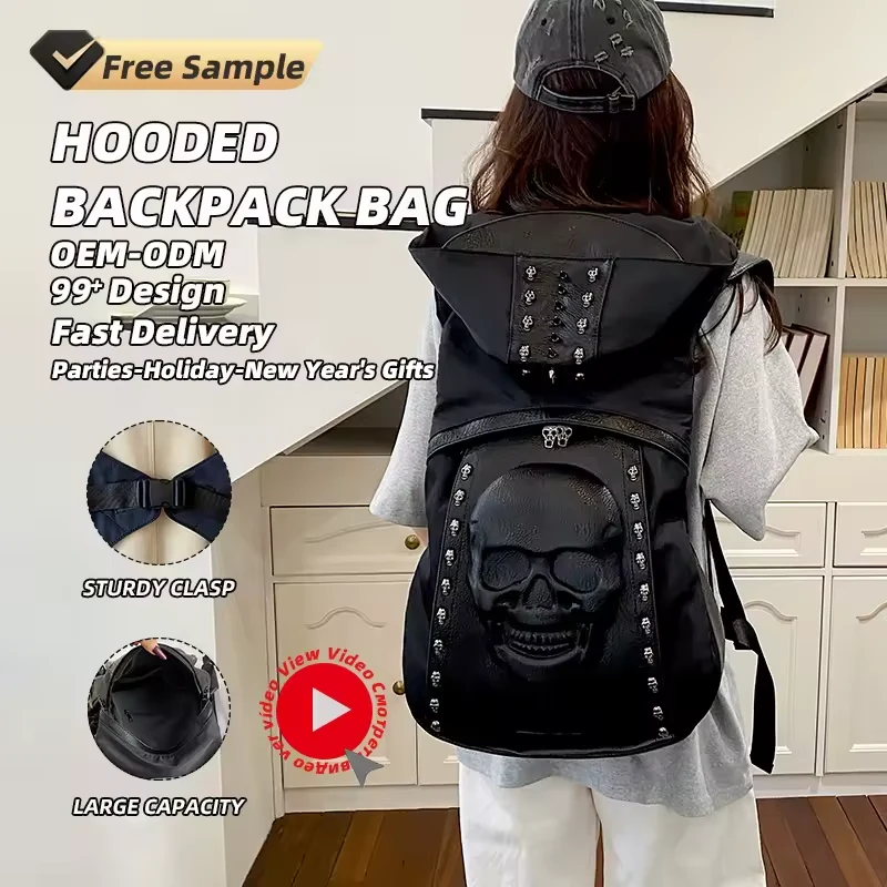 Hooded Skull-Detail PU Travel Backpack product reference image