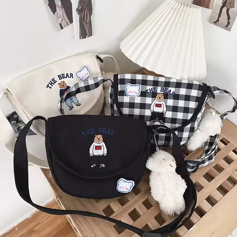 Bear-Embroidered Plaid Crossbody Bag product reference image