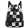Checkerboard Drawstring Sports Backpack with Shoe Compartment Gray + White color SKU reference