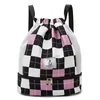 Checkerboard Drawstring Sports Backpack with Shoe Compartment Pink + Black color SKU reference