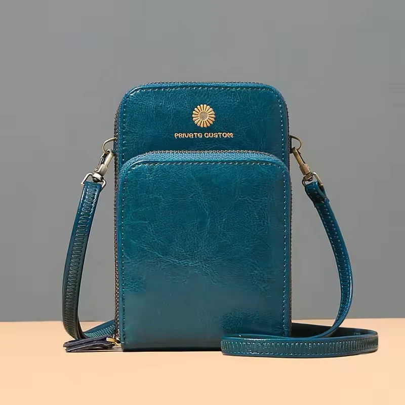 Genuine Leather Trifold Phone Wallet with Crossbody Strap product reference image