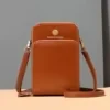 Genuine Leather Trifold Phone Wallet with Crossbody Strap Brown color SKU reference