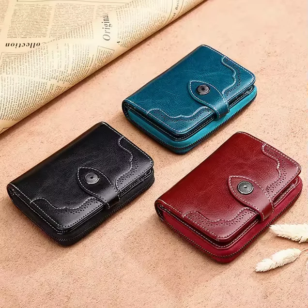Oil-Wax Short Wallet with Carved Detail and Metal Button product reference image