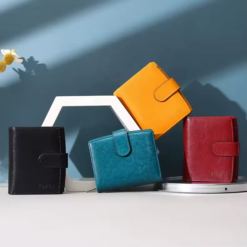 Oil-Wax Leather Short Wallet with Zip and Button Detail product reference image