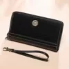 Textured Leather Long Wallet with Sunflower Button Black color SKU reference