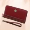 Textured Leather Long Wallet with Sunflower Button Red color SKU reference