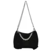 Ruched Nylon Shoulder Bag with Bow and Pearl-Chain Detail Black color SKU reference