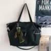 Nylon Color-Block Shoulder Tote with Pendant Black color SKU reference
